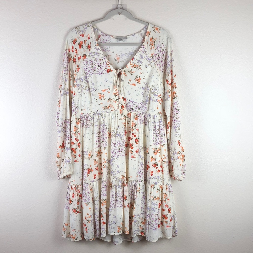 American Eagle Outfitters Floral Long Sleeve Dress - Cream, Red, Purple